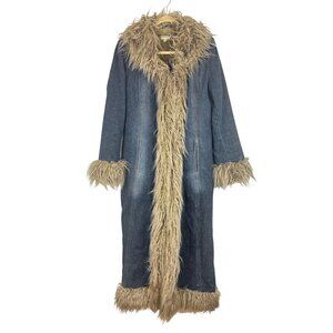 VTG Giacca M Penny Lane Y2K Denim Long Duster Coat Jacket Faux Fur Trim Boho